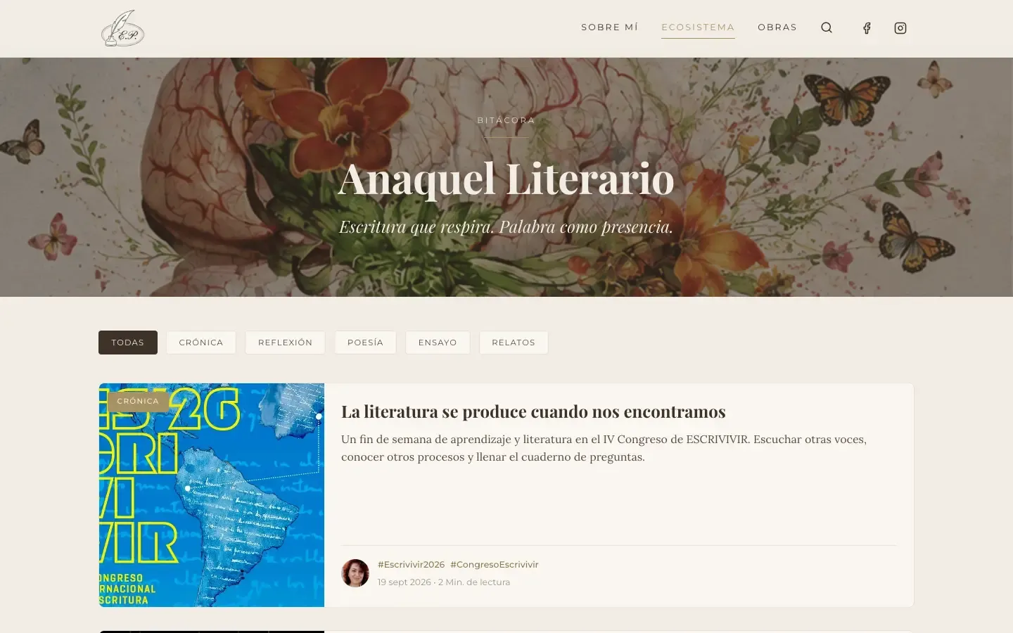 El anaquel literario, con las entradas filtradas por crónica, reflexión, poesía, ensayo y relatos