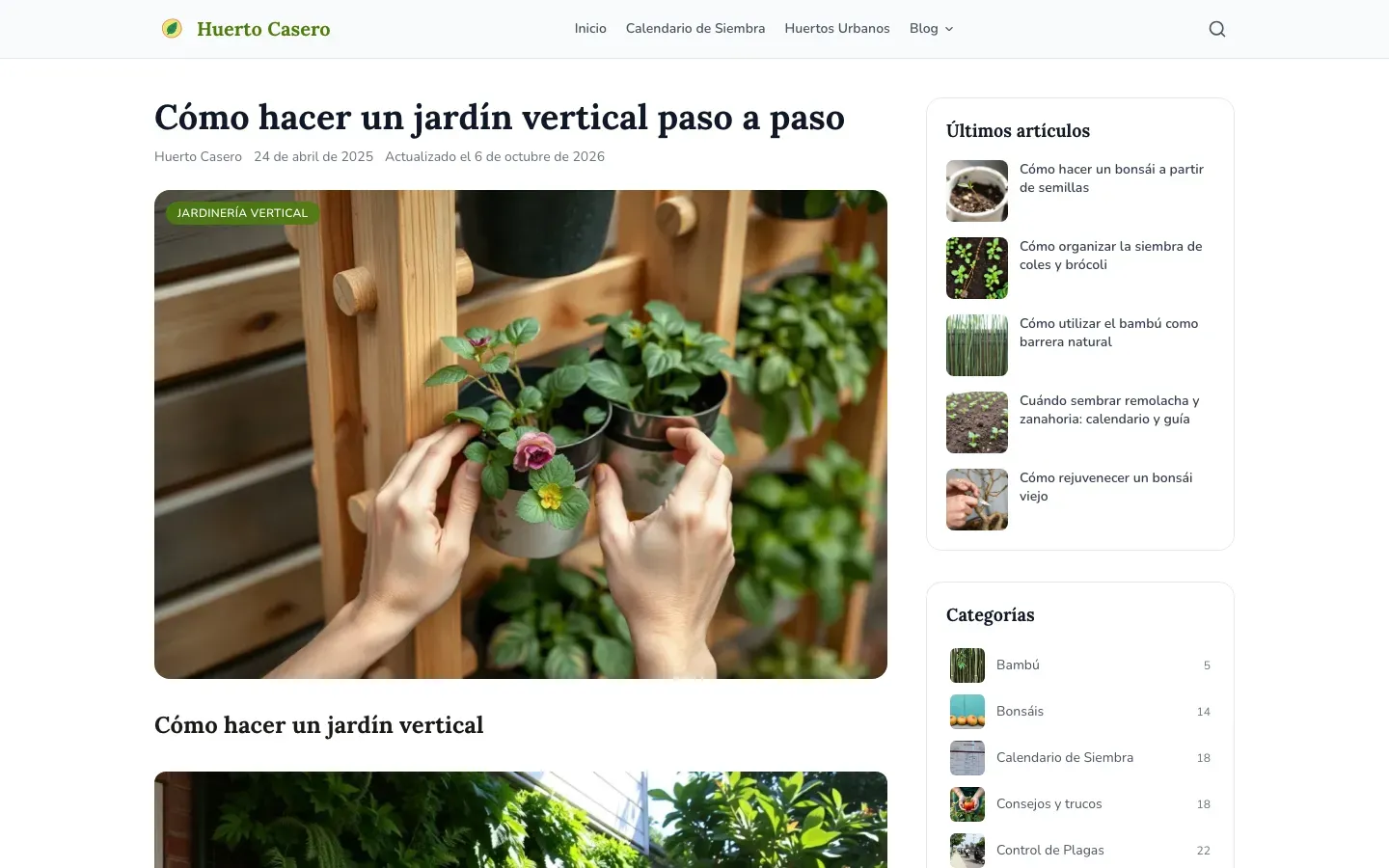 La guía «Cómo hacer un jardín vertical paso a paso», con los últimos artículos y las categorías al lado
