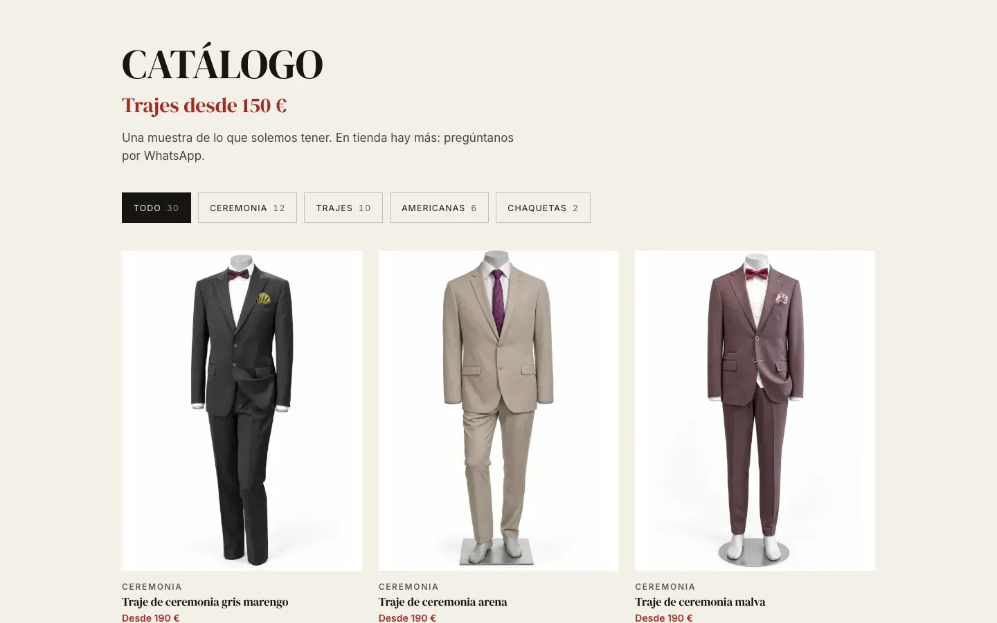 El catálogo de avantvalencia.com, con los filtros por tipo y los trajes de ceremonia desde 190 €