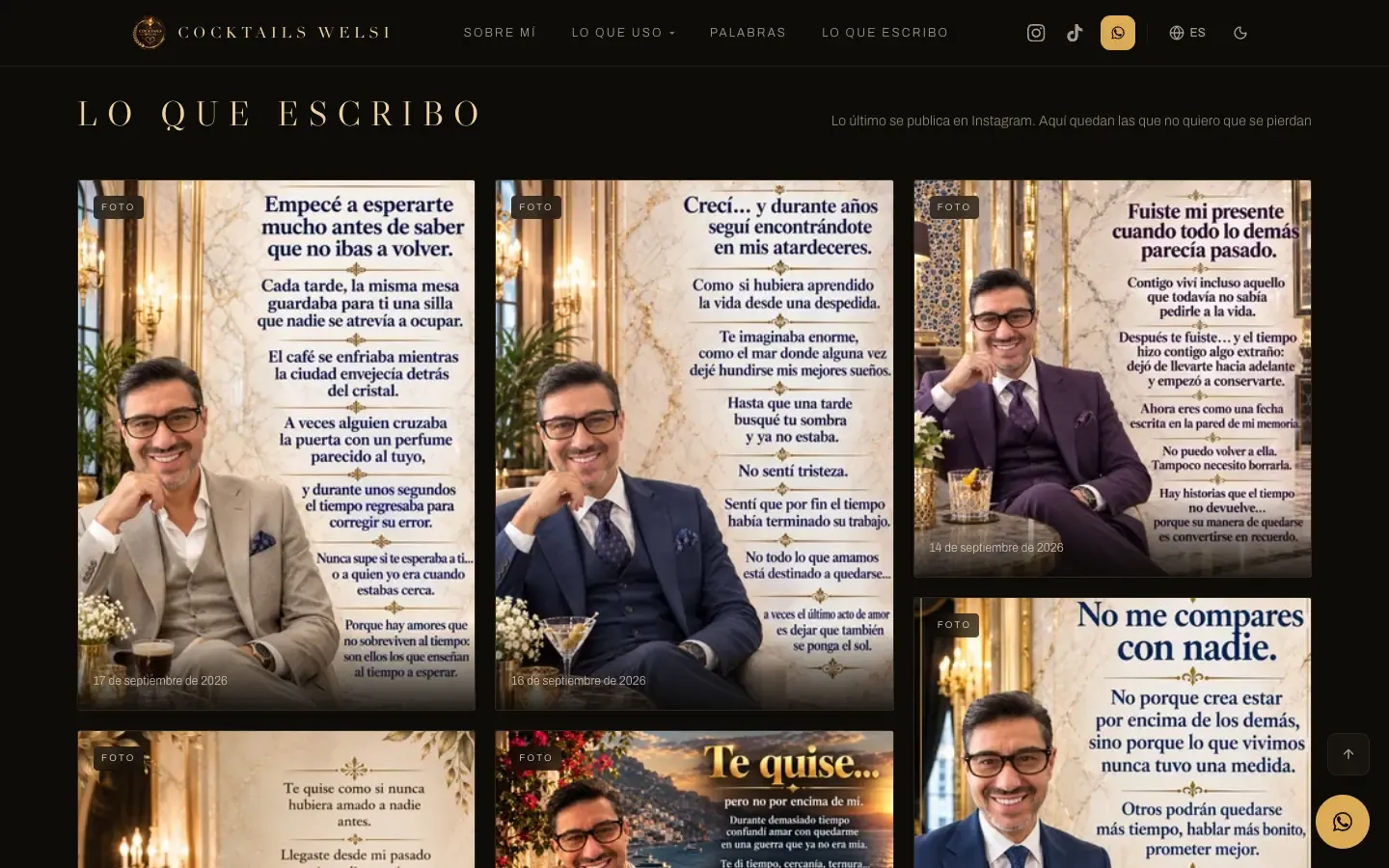 La sección «Lo que escribo» de cocktailswelsi.com, con sus publicaciones de Instagram en rejilla