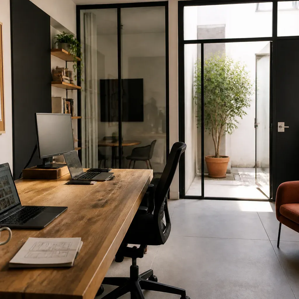 Un estudio con una mesa de madera, portátiles y bocetos de webs en un corcho, y un patio con un árbol al fondo
