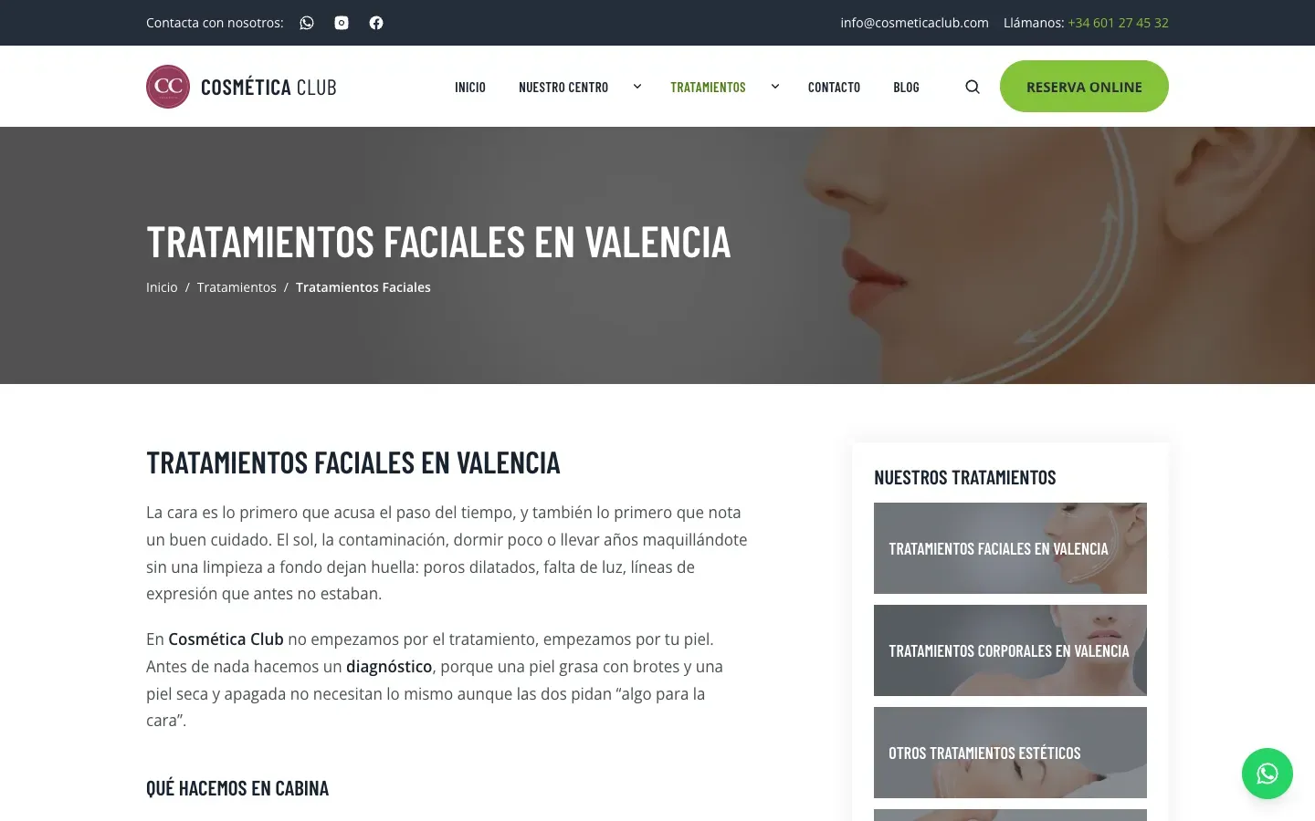 La página de tratamientos faciales, con el texto del diagnóstico y la lista de tratamientos al lado