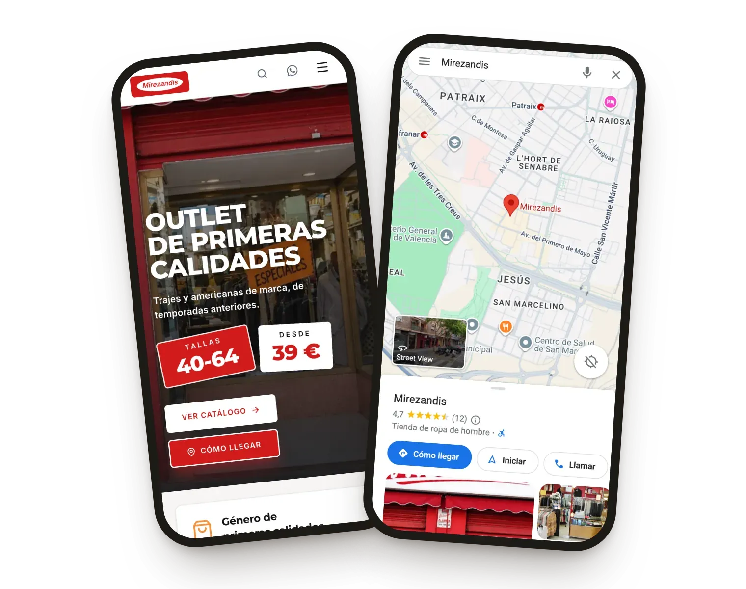 La web de Mirezandis y su ficha en Google Maps, con 4,7 estrellas, tal como se ven en el móvil