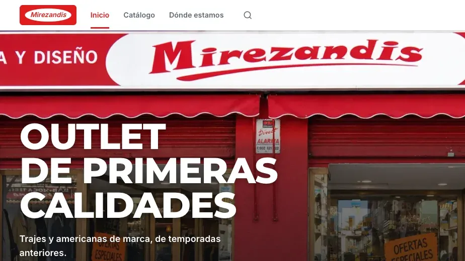 La portada de mirezandis.com, con el rótulo de la tienda y el titular «Outlet de primeras calidades»
