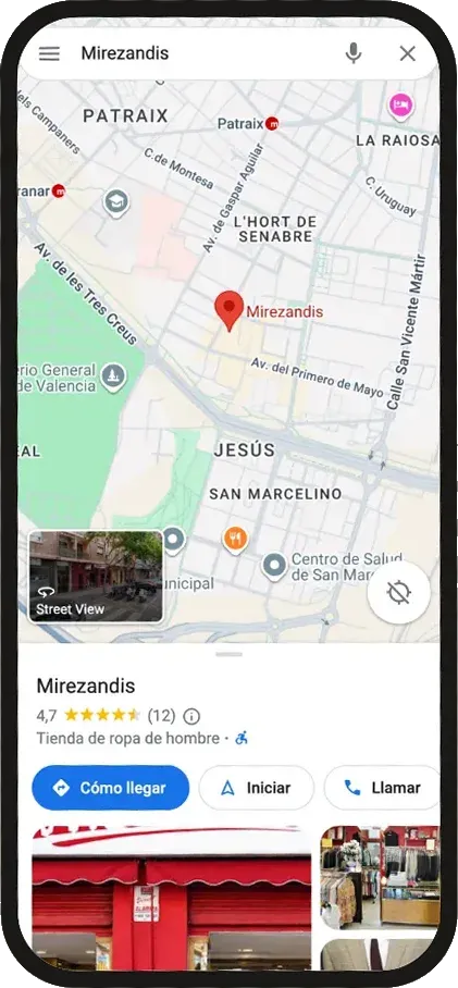 La ficha de Mirezandis en Google Maps, con 4,7 estrellas y los botones de cómo llegar y llamar
