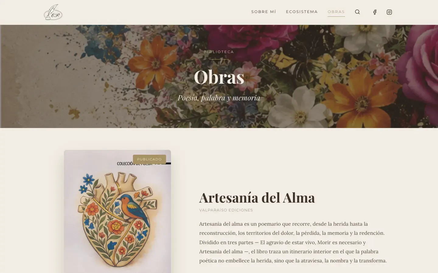 La página de obras, con la portada del poemario «Artesanía del Alma»