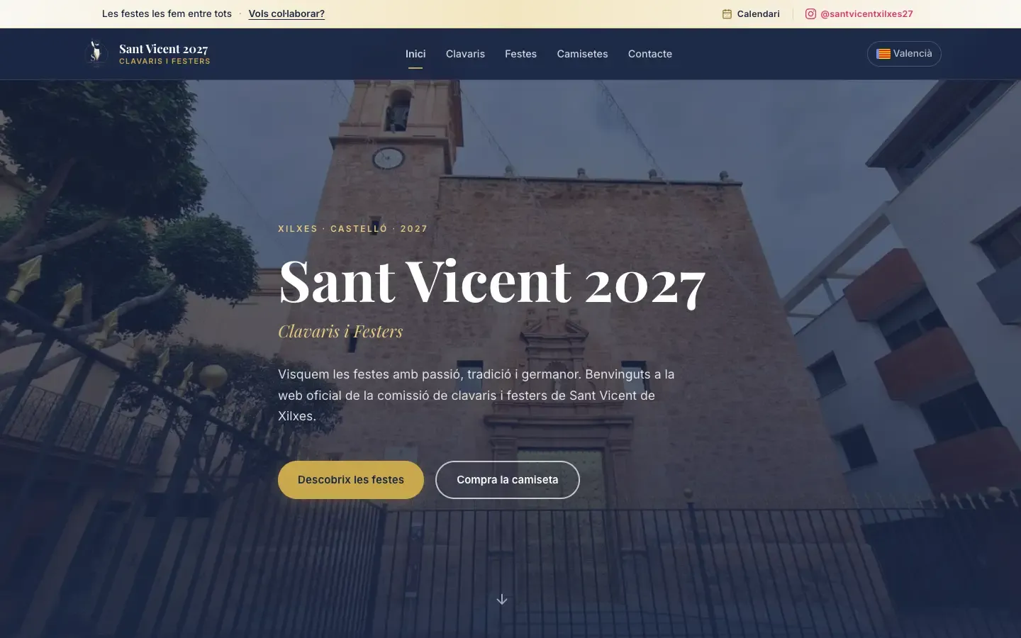La portada de santvicentxilxes.com, con la iglesia de fondo y el titular «Sant Vicent 2027»