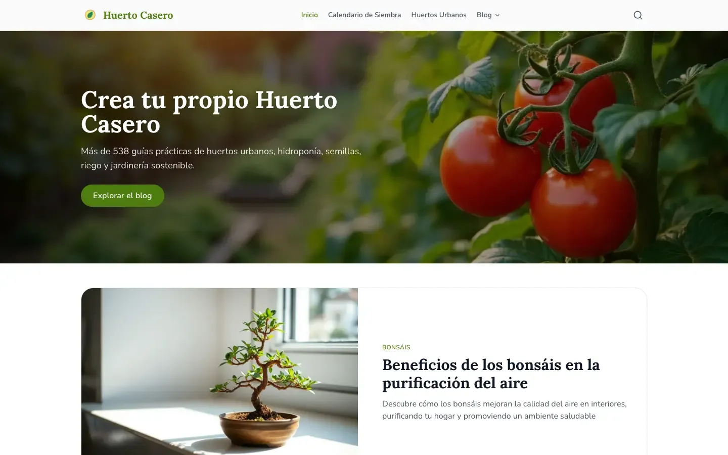 La portada de huertocasero.org, «Crea tu propio Huerto Casero»
