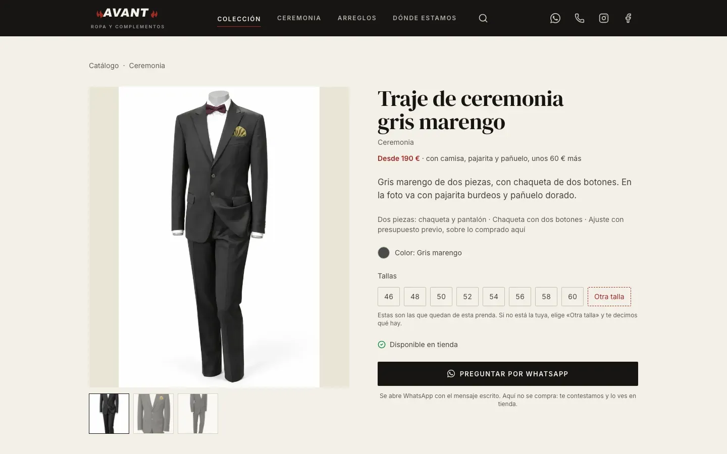 La ficha del traje de ceremonia gris marengo, con sus tallas y el botón de preguntar por WhatsApp
