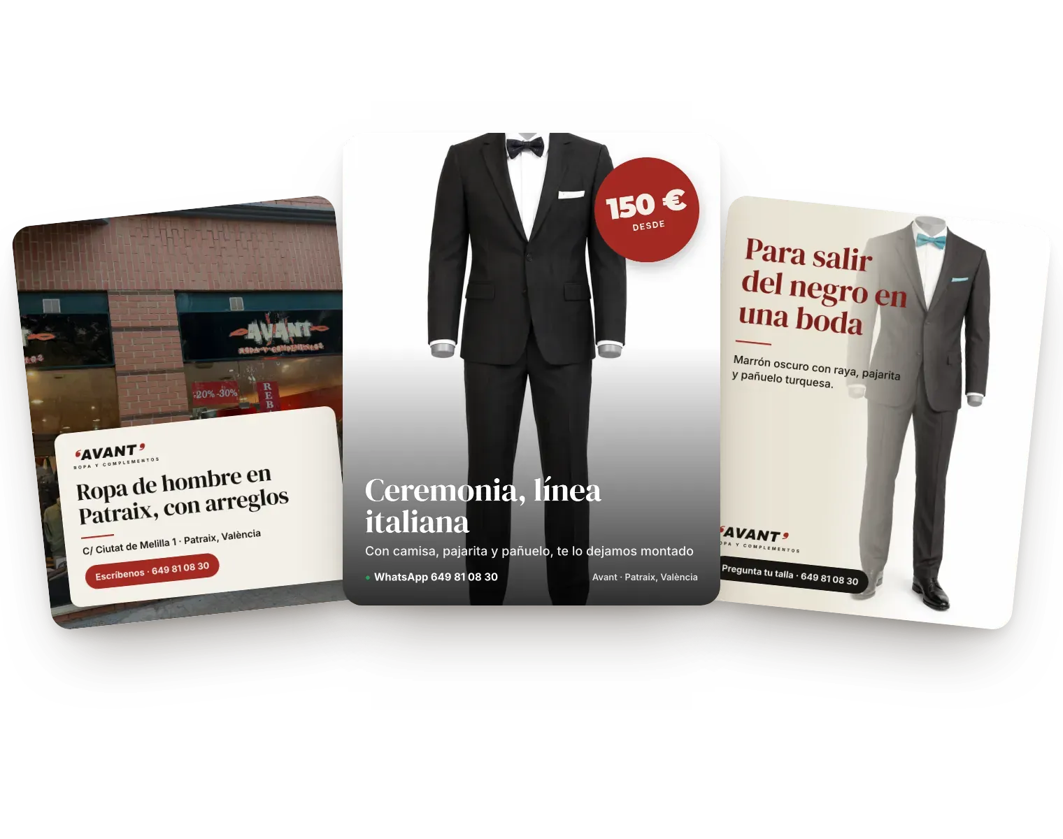 Tres publicaciones de Avant en sus redes. La presentación de la tienda, los trajes de ceremonia de línea italiana desde 150 € y un traje marrón con raya para salir del negro en una boda