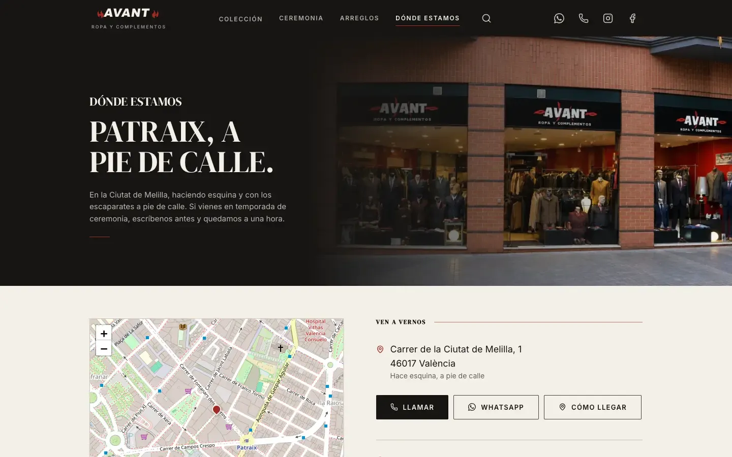La página «Dónde estamos», con el mapa y los botones de llamar, WhatsApp y cómo llegar