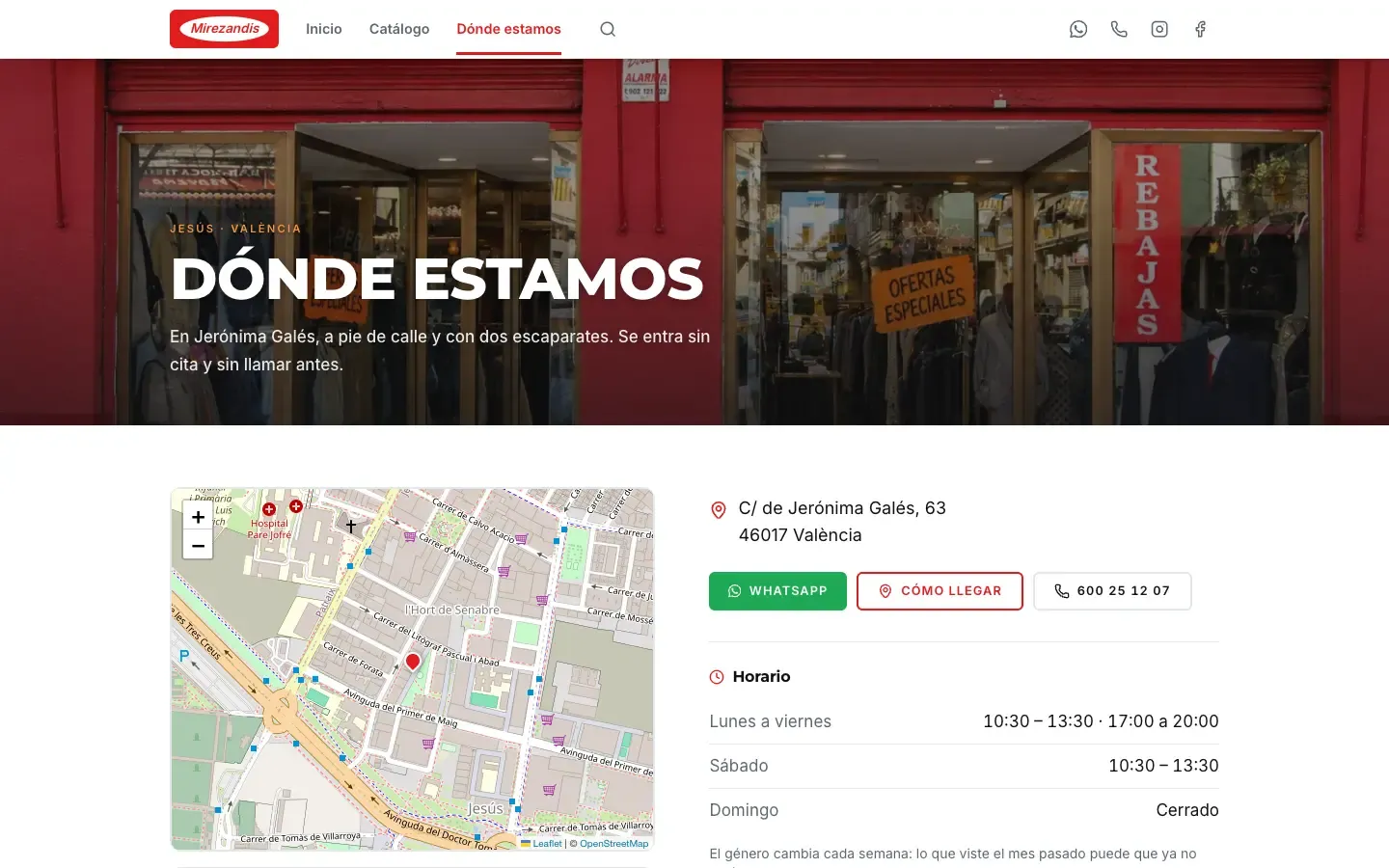 La página «Dónde estamos» de mirezandis.com, con el mapa, el horario y los botones de WhatsApp y llamar