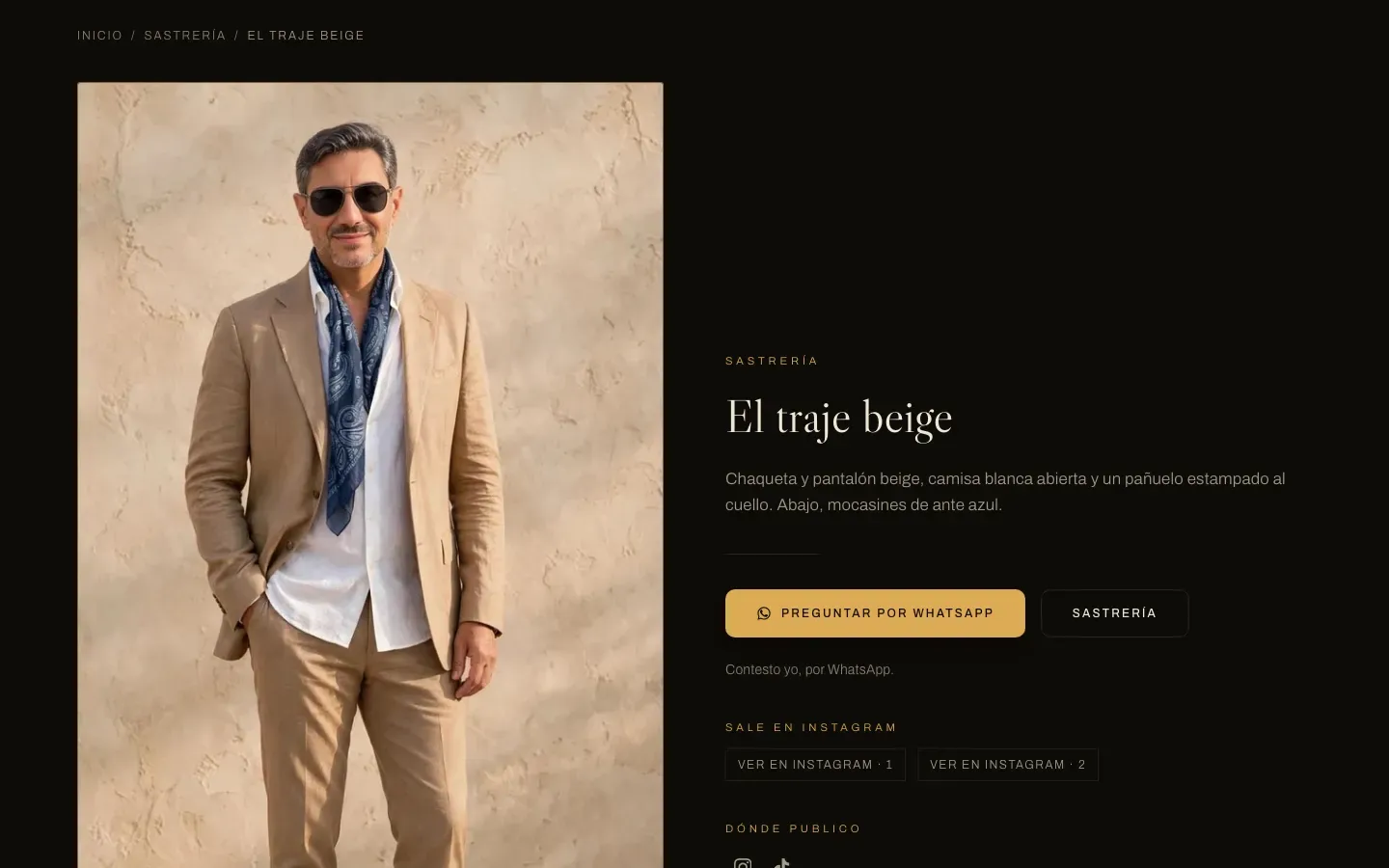 La ficha del traje beige, con el botón de preguntar por WhatsApp y sus publicaciones de Instagram