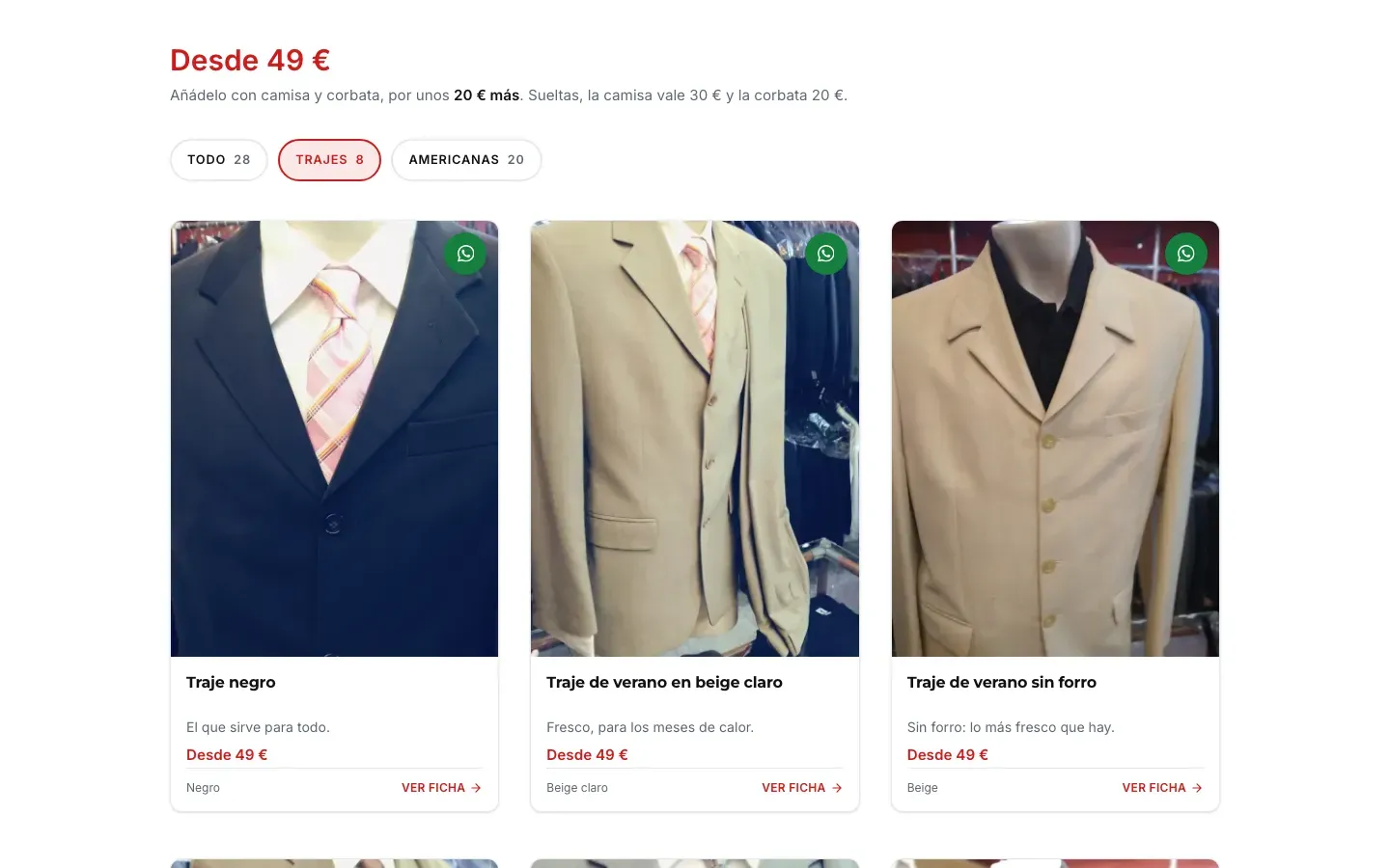Los trajes de mirezandis.com, desde 49 €, cada uno con su botón de WhatsApp
