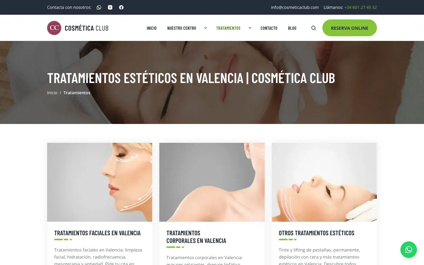 La página de tratamientos, con los faciales, los corporales y otros tratamientos en tarjetas